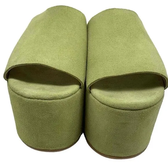 NWT $200 Intentionally Blank Camp Platform Slides Green Suede Mules - Size 7.5