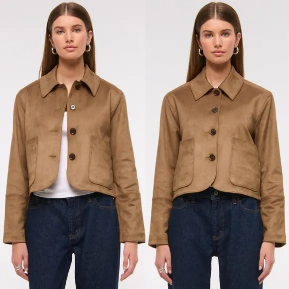 NWT Abercrombie &amp; Fitch Vegan Suede Button Through Barn Jacket Preppy Brown XS