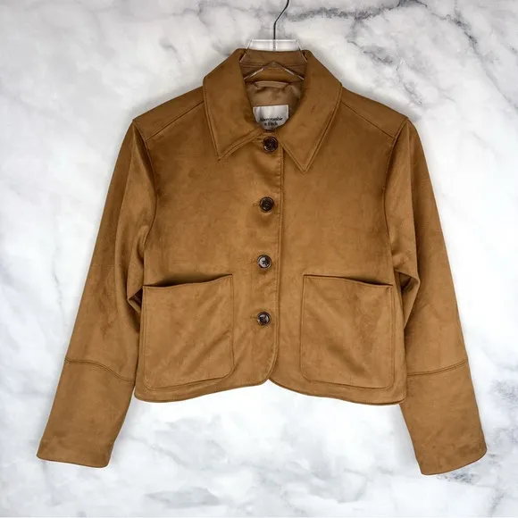 NWT Abercrombie &amp; Fitch Vegan Suede Button Through Barn Jacket Preppy Brown XS