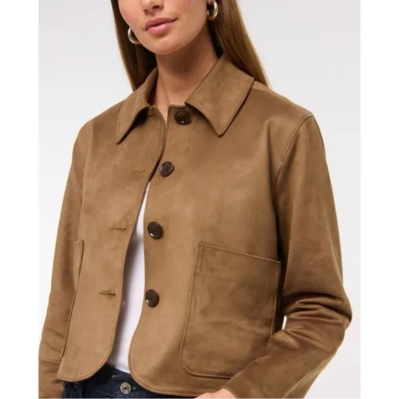 NWT Abercrombie &amp; Fitch Vegan Suede Button Through Barn Jacket Preppy Brown XS