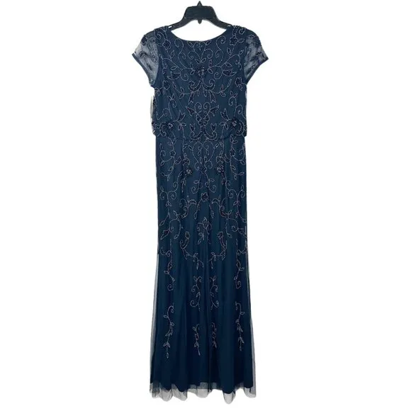 NWT ADRIANNA PAPELL Beaded Floral Scroll Blouson Maxi Dress Gown In Navy Black