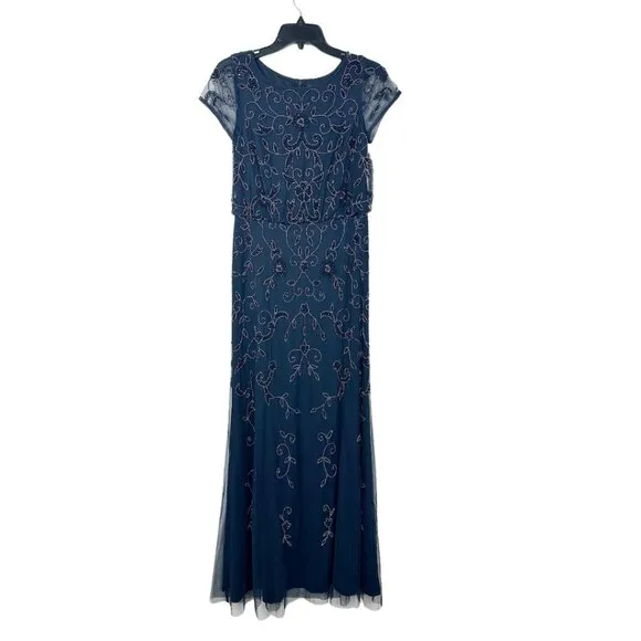 NWT ADRIANNA PAPELL Beaded Floral Scroll Blouson Maxi Dress Gown In Navy Black