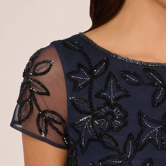 NWT ADRIANNA PAPELL Beaded Floral Scroll Blouson Maxi Dress Gown In Navy Black
