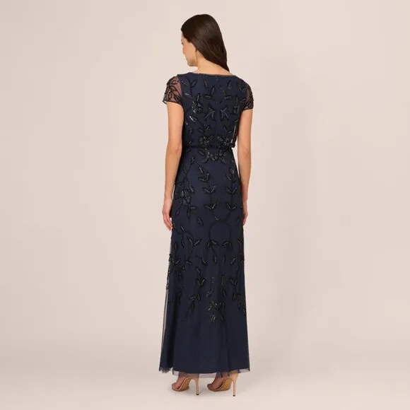 NWT ADRIANNA PAPELL Beaded Floral Scroll Blouson Maxi Dress Gown In Navy Black