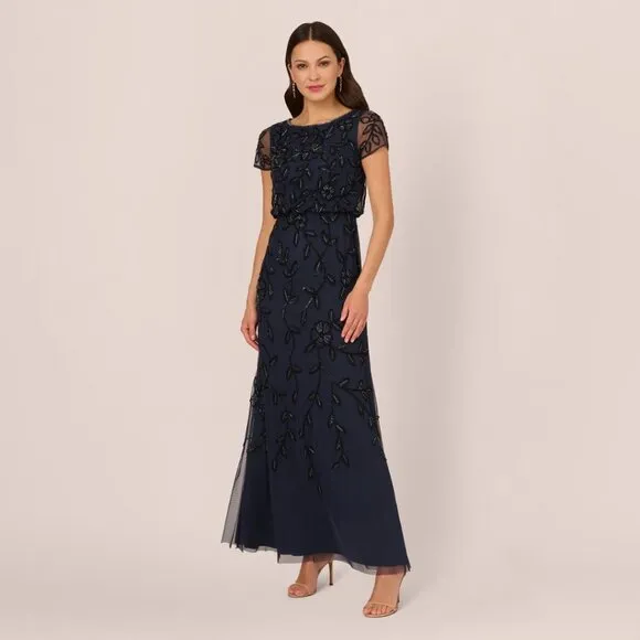NWT ADRIANNA PAPELL Beaded Floral Scroll Blouson Maxi Dress Gown In Navy Black