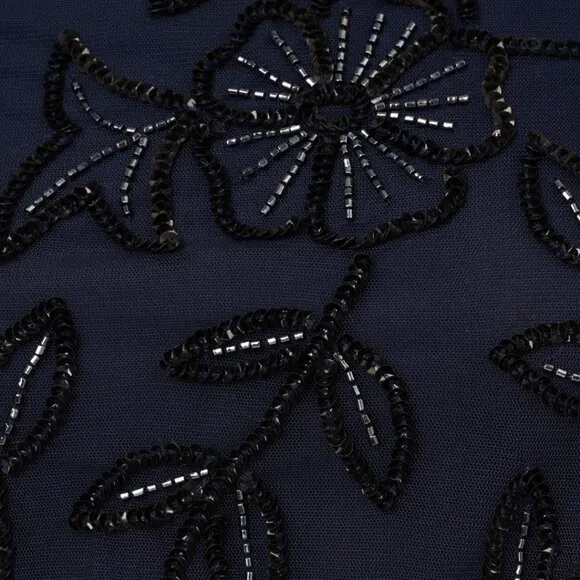 NWT ADRIANNA PAPELL Beaded Floral Scroll Blouson Maxi Dress Gown In Navy Black