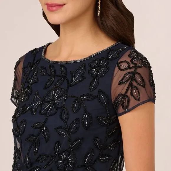 NWT ADRIANNA PAPELL Beaded Floral Scroll Blouson Maxi Dress Gown In Navy Black