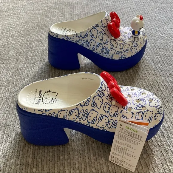 NWT Crocs x Hello Kitty Heels Blue Red Bow Clog Mules Size 8 Sanrio 2024