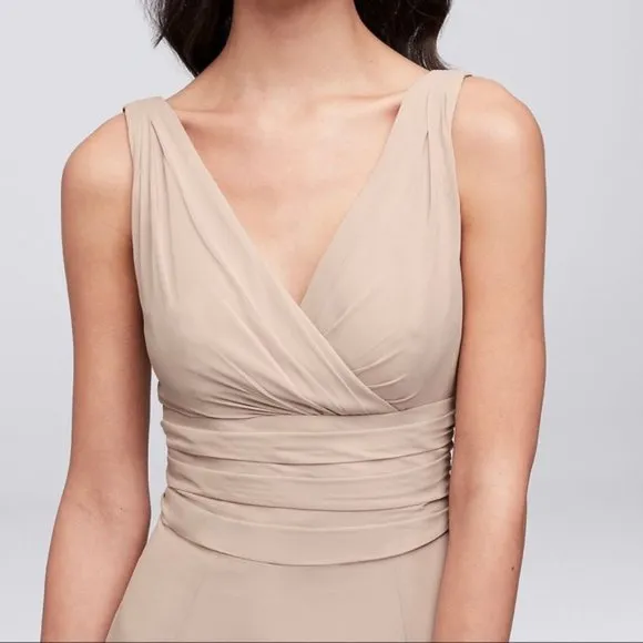 NWT David's Bridal surplice tank long chiffon bridesmaid pewter column gown