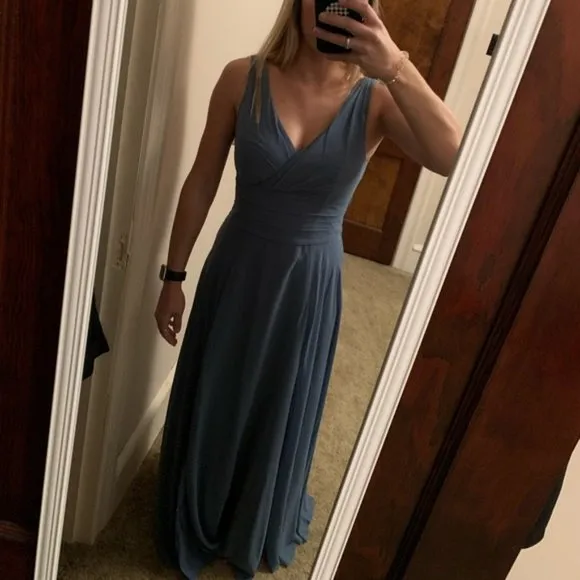 NWT David's Bridal surplice tank long chiffon bridesmaid pewter column gown