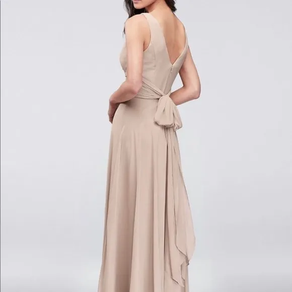 NWT David's Bridal surplice tank long chiffon bridesmaid pewter column gown