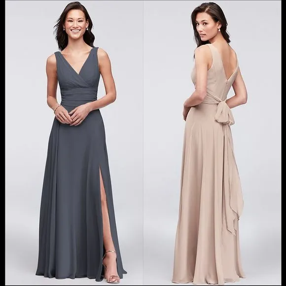 NWT David's Bridal surplice tank long chiffon bridesmaid pewter column gown