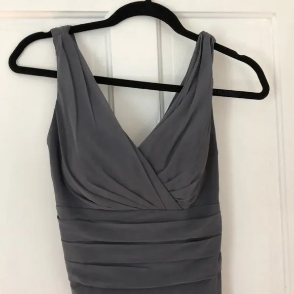 NWT David's Bridal surplice tank long chiffon bridesmaid pewter column gown
