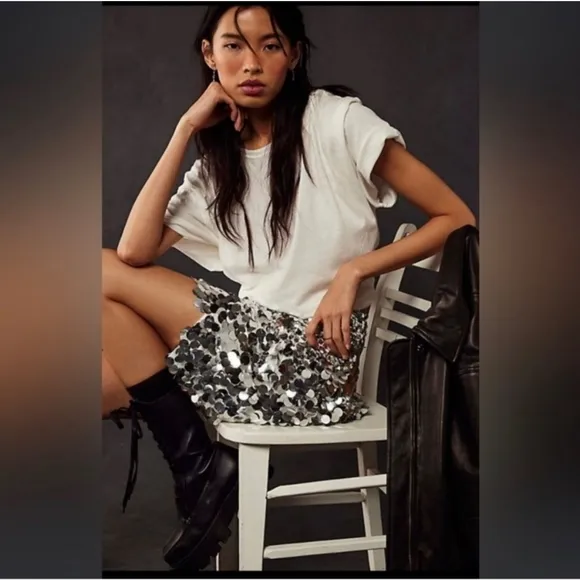NWT Free People Can't Get Enough Sequin Mini Skirt Silver 2