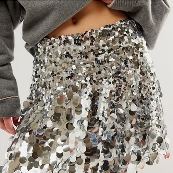 NWT Free People Can't Get Enough Sequin Mini Skirt Silver 2