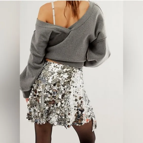 NWT Free People Can't Get Enough Sequin Mini Skirt Silver 2