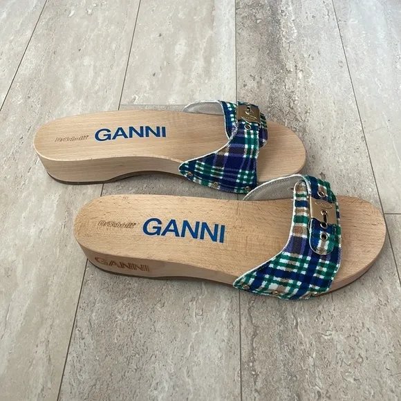 NWT GANNI x Dr. Scholl's Plaid Wooden Clog Sandals Buckle Retro Slides Blue 9