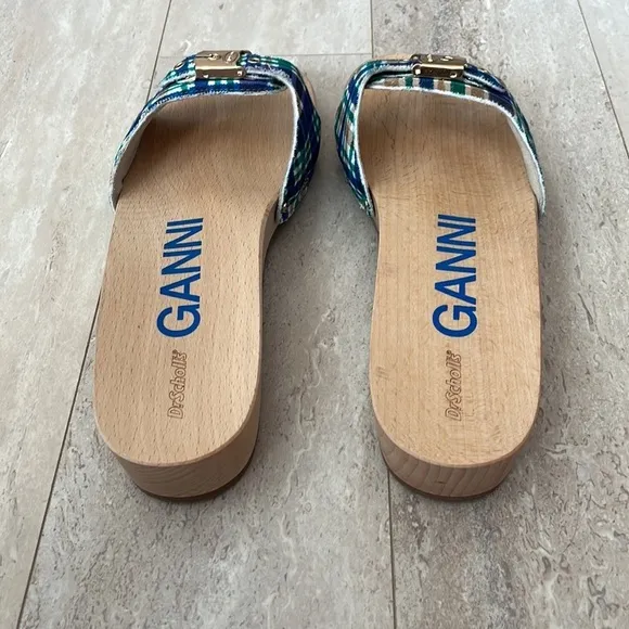 NWT GANNI x Dr. Scholl's Plaid Wooden Clog Sandals Buckle Retro Slides Blue 9