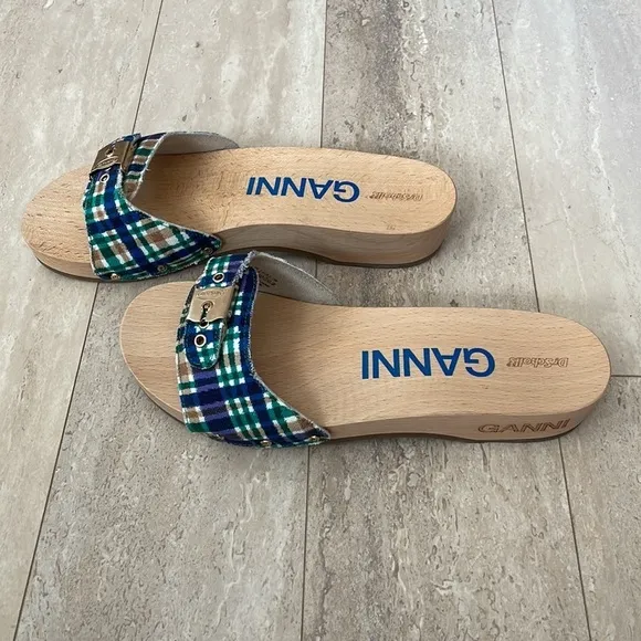 NWT GANNI x Dr. Scholl's Plaid Wooden Clog Sandals Buckle Retro Slides Blue 9