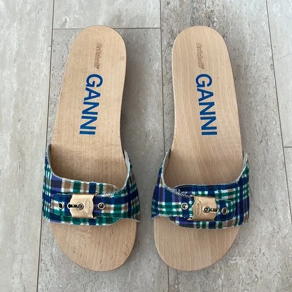 NWT GANNI x Dr. Scholl's Plaid Wooden Clog Sandals Buckle Retro Slides Blue 9