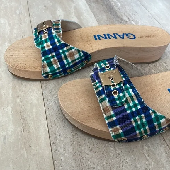 NWT GANNI x Dr. Scholl's Plaid Wooden Clog Sandals Buckle Retro Slides Blue 9