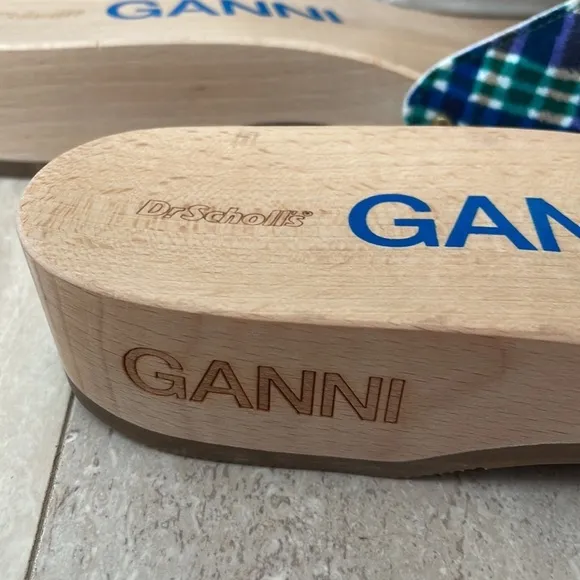 NWT GANNI x Dr. Scholl's Plaid Wooden Clog Sandals Buckle Retro Slides Blue 9