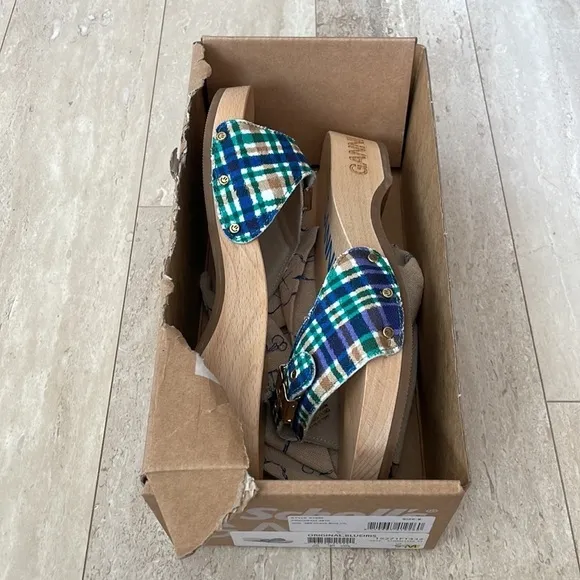 NWT GANNI x Dr. Scholl's Plaid Wooden Clog Sandals Buckle Retro Slides Blue 9