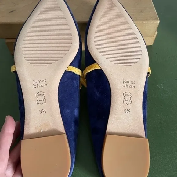NWT James Chan NAJA Strappy Mules in Navy Sunburst Kidsuede