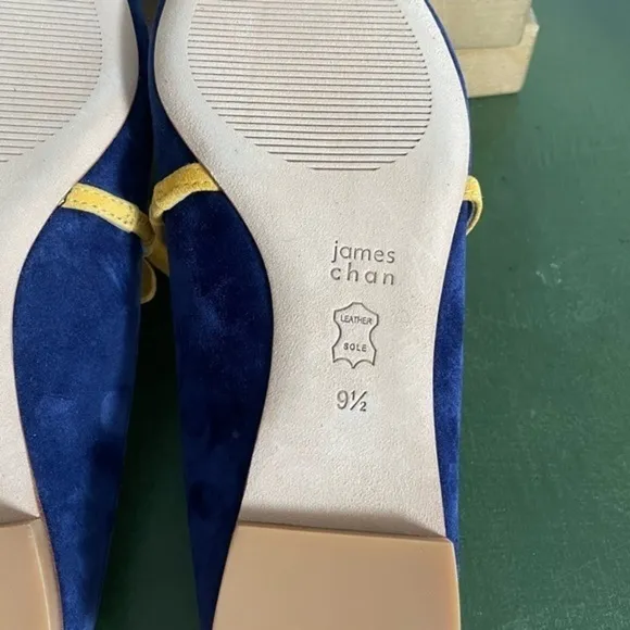 NWT James Chan NAJA Strappy Mules in Navy Sunburst Kidsuede