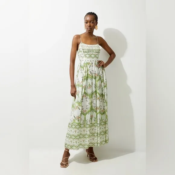 NWT Karen Millen Silk Cotton Mirrored Floral Strappy Woven Maxi Dress
