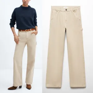 NWT Mango Mng Carpenter Cargo Relaxed Straight Leg Khaki Denim Jeans Preppy XS