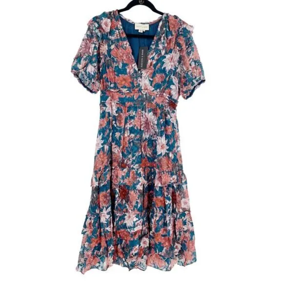 NWT SACHIN   BABI Dress Veronica Knee Length Teal Guava Blue Midi Casual