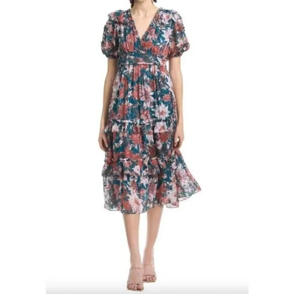 NWT SACHIN   BABI Dress Veronica Knee Length Teal Guava Blue Midi Casual