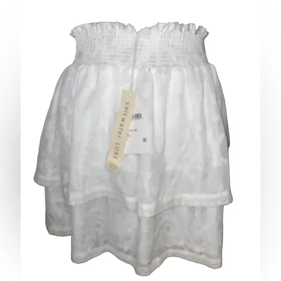 NWT SALTWATER LUXE Loretta Ruffle Tiered White Vanilla Lace Mini Skirt S…