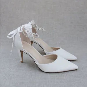 NWT White Satin Pointed-Toe Heels with Ankle Strap