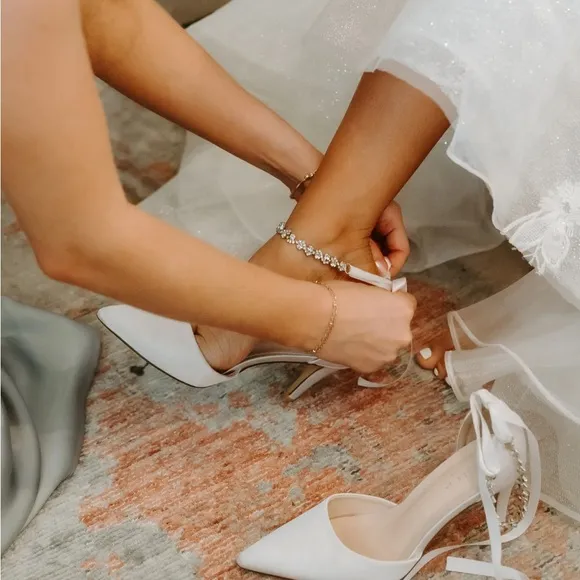 NWT White Satin Pointed-Toe Heels with Ankle Strap