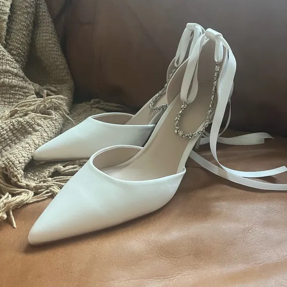 NWT White Satin Pointed-Toe Heels with Ankle Strap