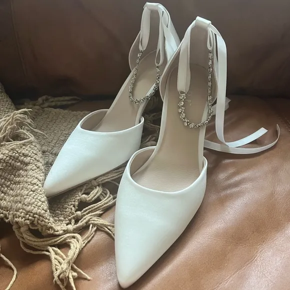 NWT White Satin Pointed-Toe Heels with Ankle Strap
