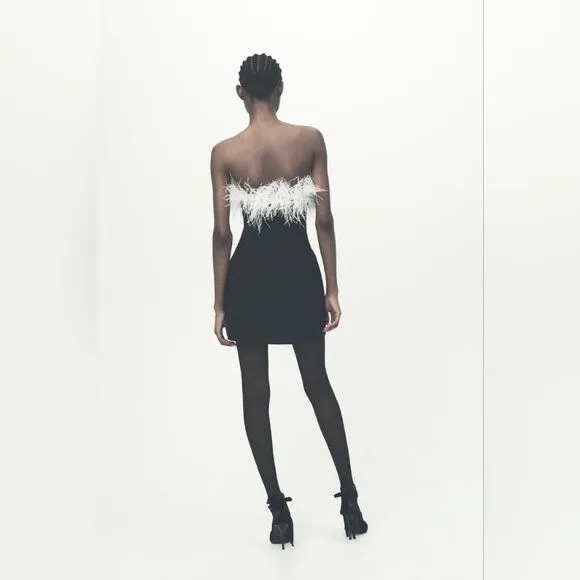 NWT ZARA feather stretchy dress contrasting black&amp;white