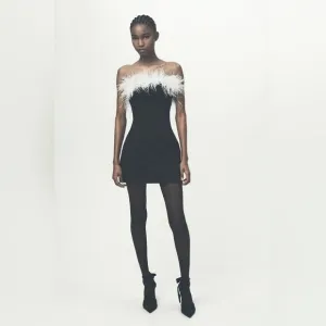 NWT ZARA feather stretchy dress contrasting black&amp;white