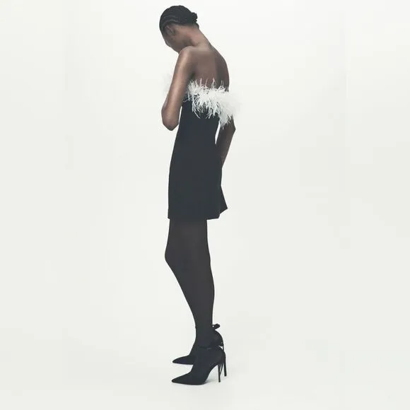 NWT ZARA feather stretchy dress contrasting black&amp;white