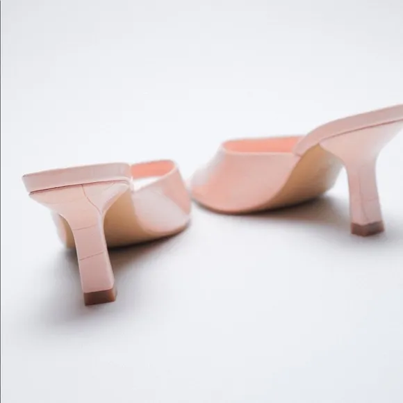 NWT. Zara Pink Animal Print Heeled Mules. Size 6,5.