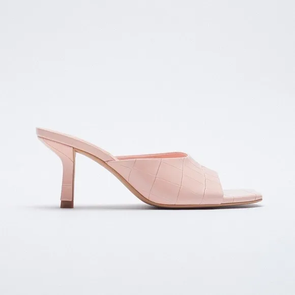 NWT. Zara Pink Animal Print Heeled Mules. Size 6,5.