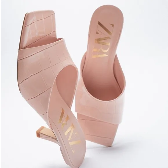 NWT. Zara Pink Animal Print Heeled Mules. Size 6,5.