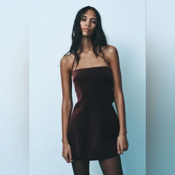 NWT ZARA VELVET BOW DRESS Burgundy