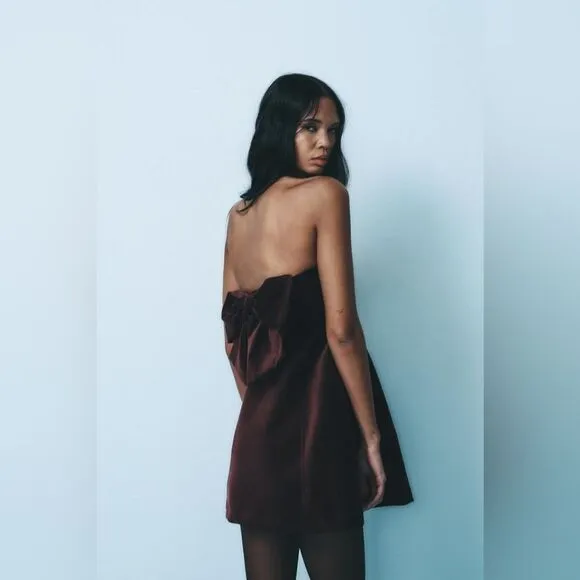 NWT ZARA VELVET BOW DRESS Burgundy