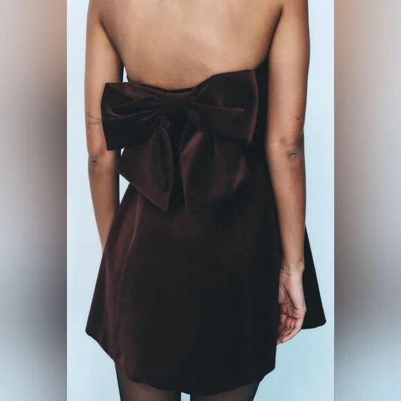 NWT ZARA VELVET BOW DRESS Burgundy