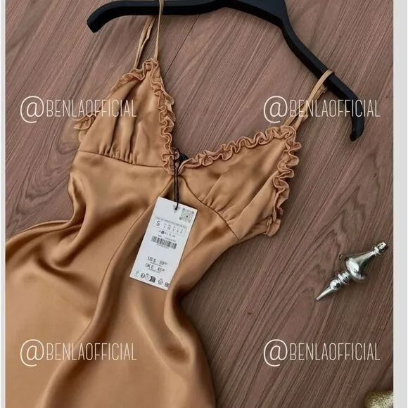 NWT ZARA CONTRASTING RUFFLES SATIN EFFECT DRESS gold/ champagne color