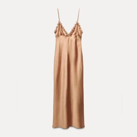 NWT ZARA CONTRASTING RUFFLES SATIN EFFECT DRESS gold/ champagne color