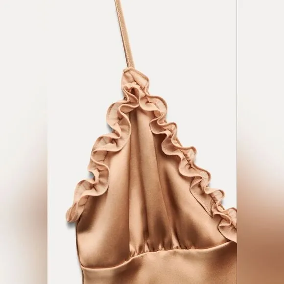 NWT ZARA CONTRASTING RUFFLES SATIN EFFECT DRESS gold/ champagne color